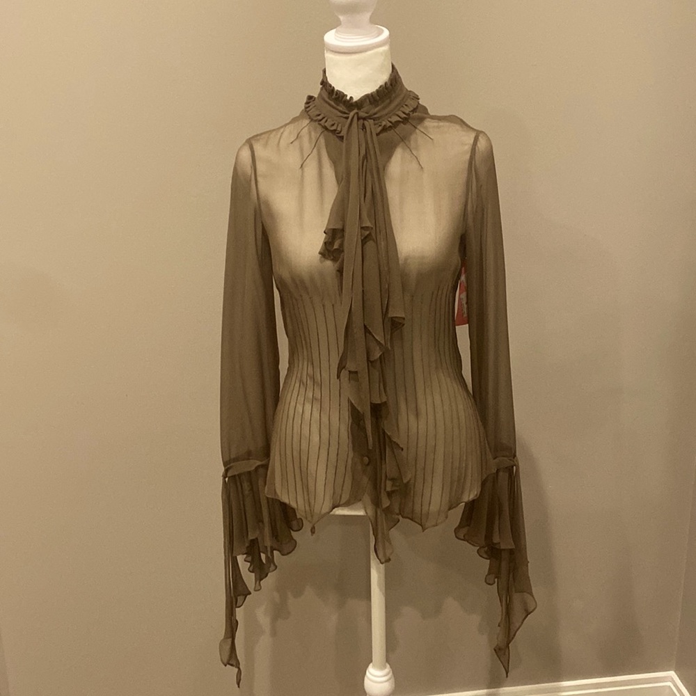 Silk Blouse. Sheer MockNeck. Yigal Azrouel .Tan.